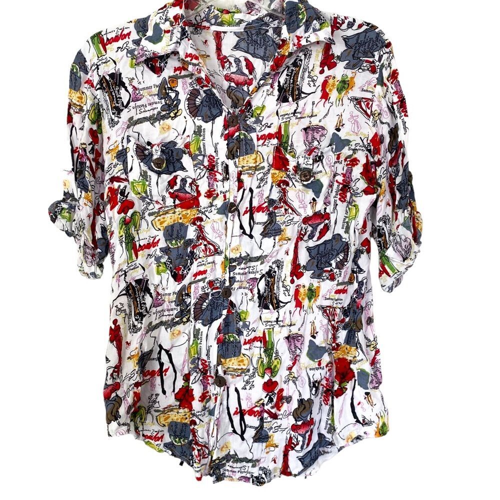 Vintage White Multicolor Art Graphic Print Button Up Short Sleeve Shirt Size S